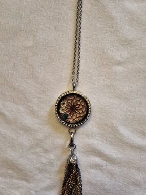 Floating Charm Locket Necklace Rhinestone Circle Tassel 19"